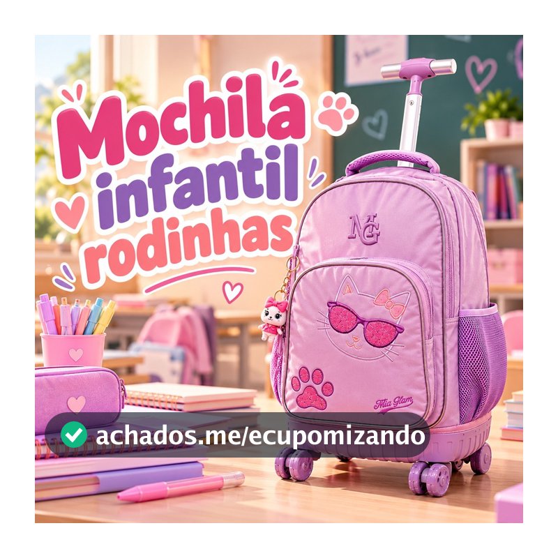Mochila infantil com rodinhas, mochila com carrinho, mochila fofa com desenho de gato