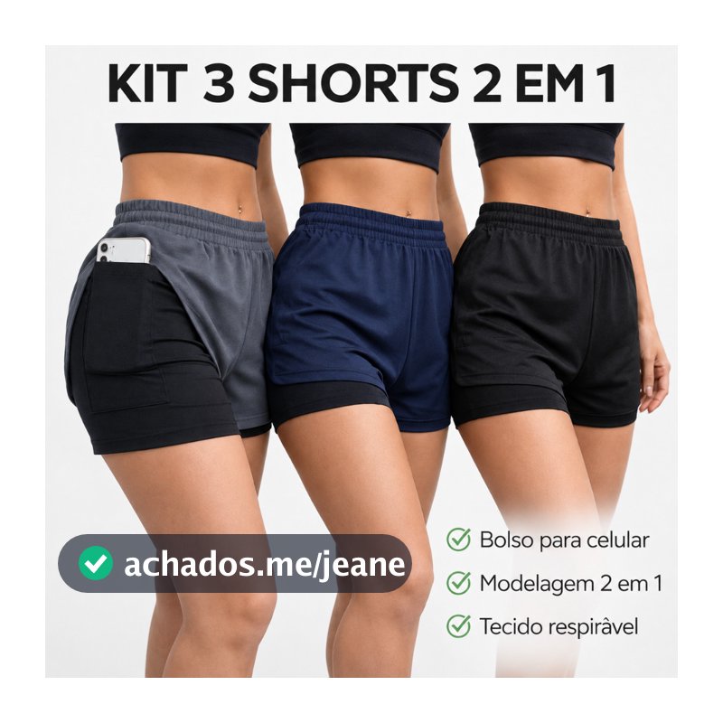 Kit 3 Shorts compressão 2 em 1 Feminino para academia caminhadas e corrida Fitness Dry fit