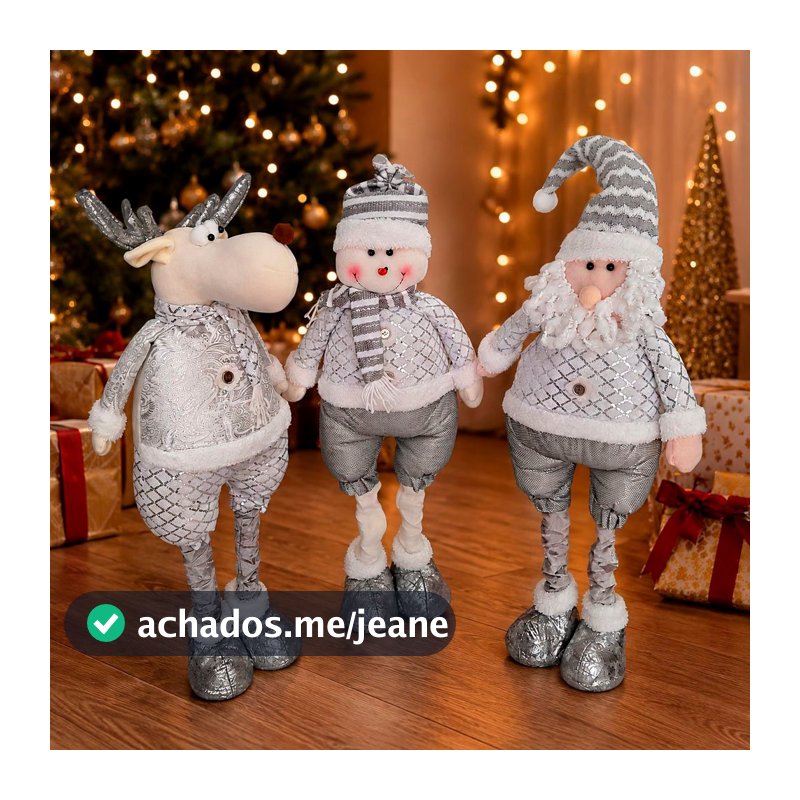 Trio Boneco Natalino Perna Ajustável Decoração Prata De 70cm
