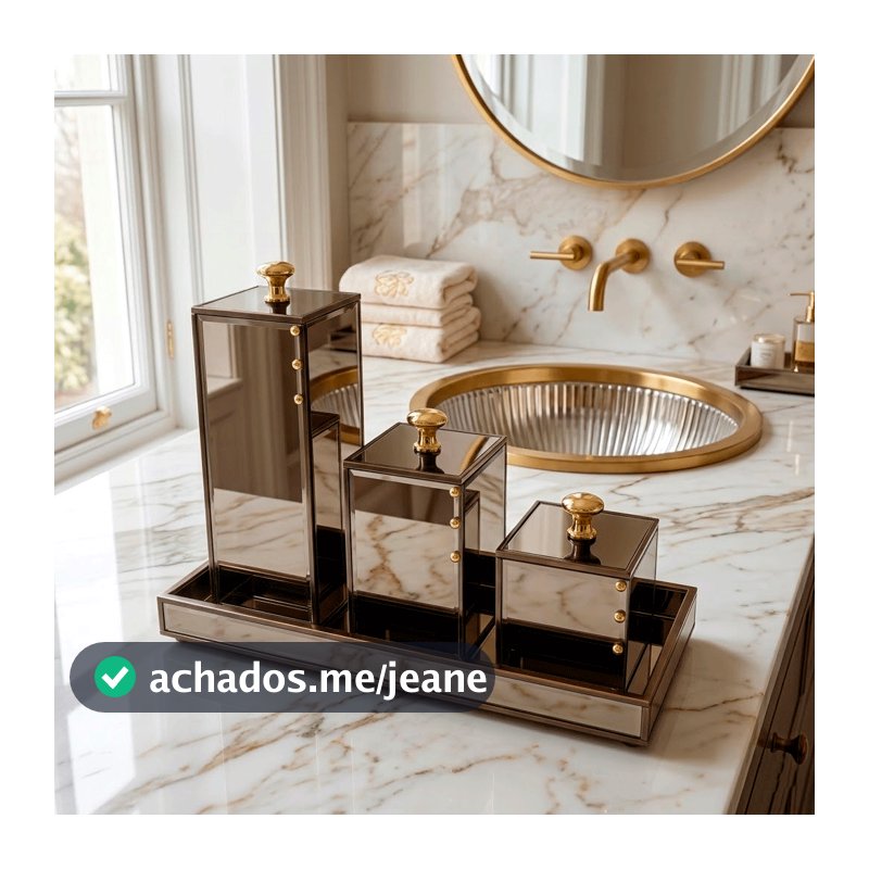 Lavabo Luxo Kit Banheiro com Bandeja + 3 Potes Quadrado Bronze Trio Organizador Acessórios Decoração
