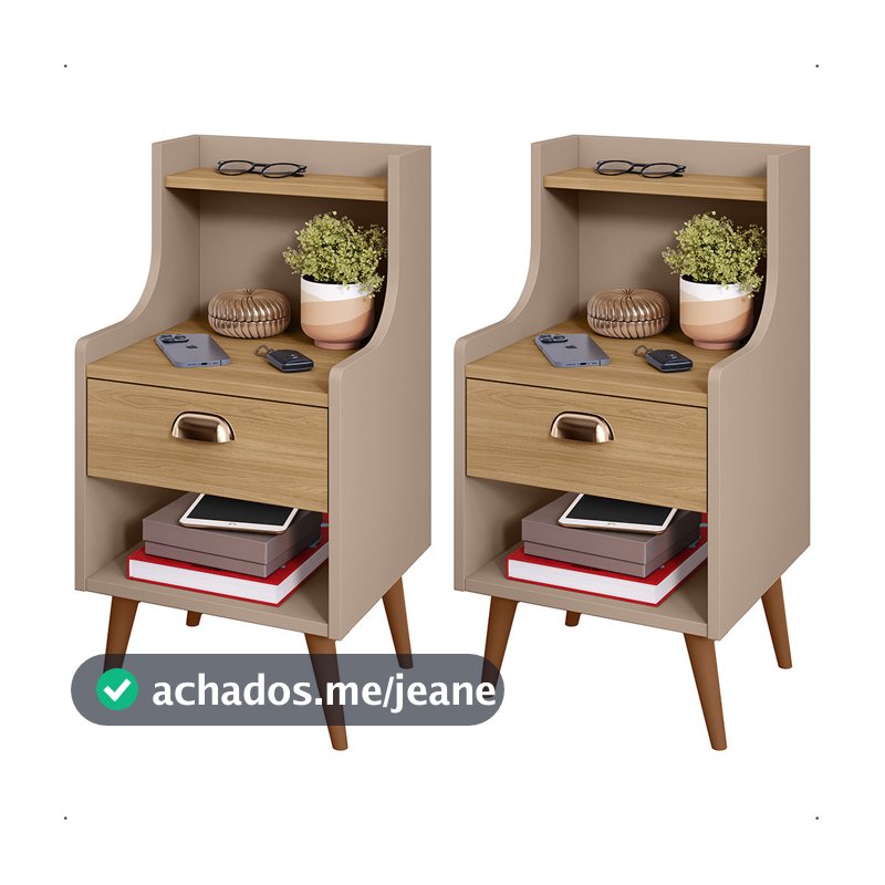 Mesa de Cabeceira Retrô Texas com Gaveta Nicho Prateleira e Pés Palito para Quarto e Sala