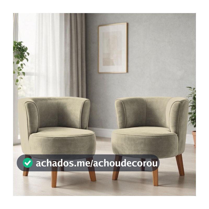 Jogo 2 Poltronas para Sala de Estar Moderna Recepção Tecido Veludo Ergonômica Pés de Madeira