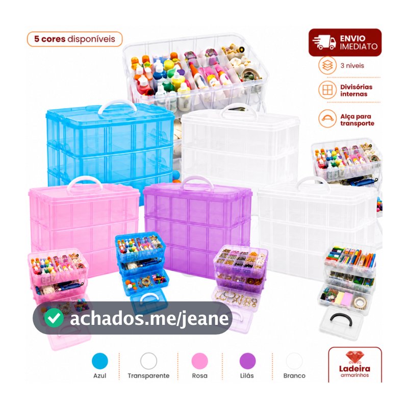 Maleta Plástica Multiuso Grande 3 Andares 26x16cm Para Maquiagem ou Artesanato