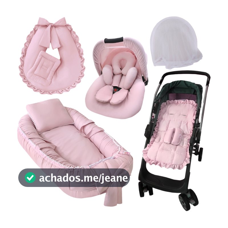 Kit Ninho Redutor de Berço com Mosquiteiro, Almofada de Amamentação, Capa Bebê Conforto e Carrinho