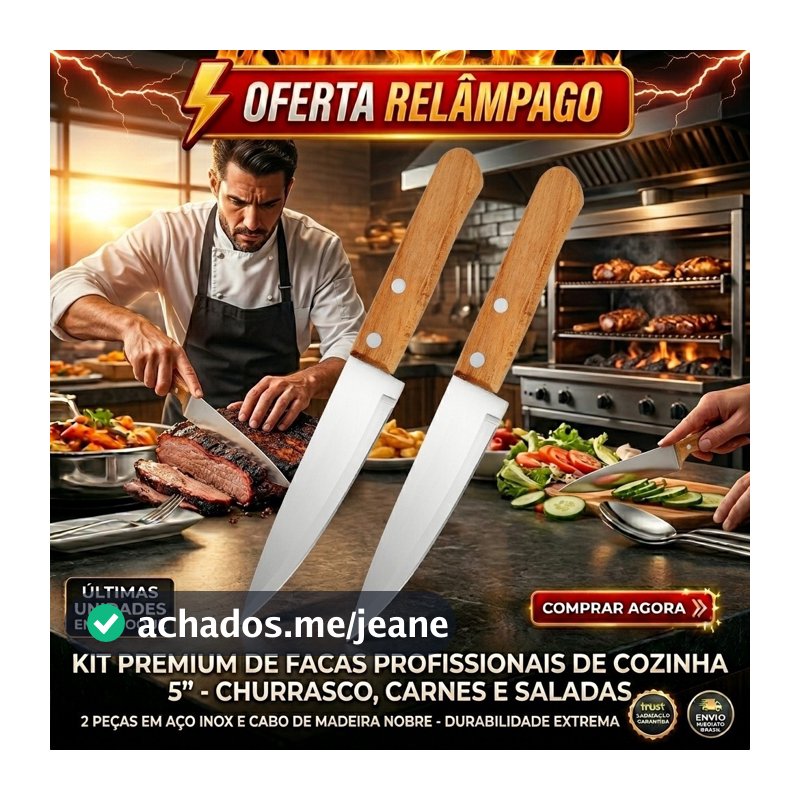 Kit 2 peças Faca de Cozinha Aço Inox Cabo de Madeira 5´´ Carne Salada Legumes Churrasco