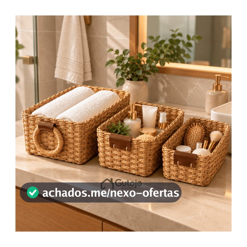 kit 3 Cesto Organizador Artesanal De Palha Para Casa Banheiro Cozinha Boho Natural decoração Retro