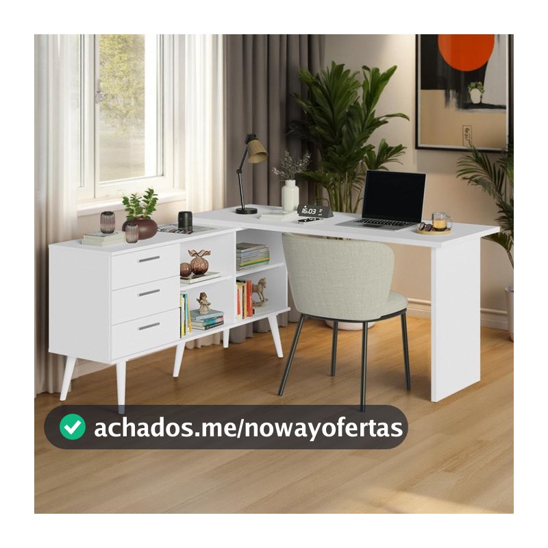 Mesa de Estudos em L 3 Gavetas Branco Lisboa Madesa