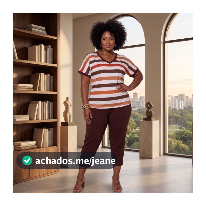 Conjunto Verão Blusa Listrada Manga Curta e Calça Capri Plus Size