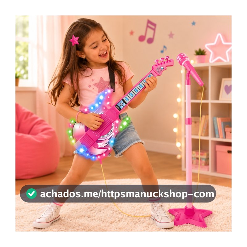 Brinquedo Guitarra Musical Com Luz e Som Microfone Pedestal Infantil Para Crianças - Castela