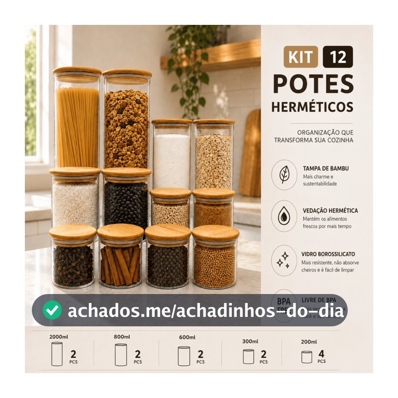 Kit 12 Potes Hermético Vidro Tampa de Bambu Armazenar Alimentos Redondo