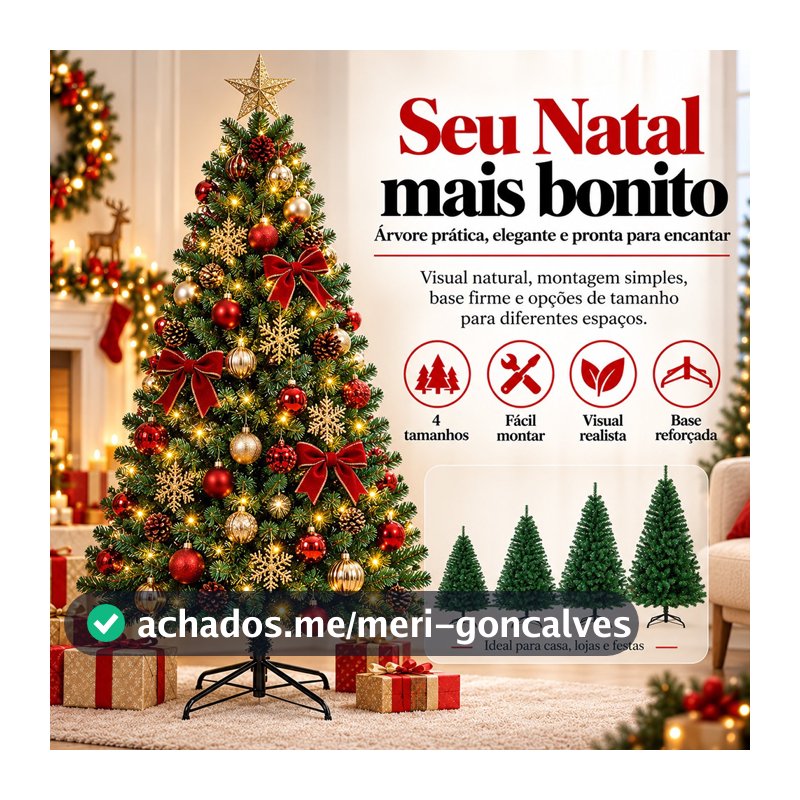 Árvore de Natal Pinheiro Verde 150cm 180cm 210cm Galhos Pinheiro Verde Cheia com Base Metálica Reforçada