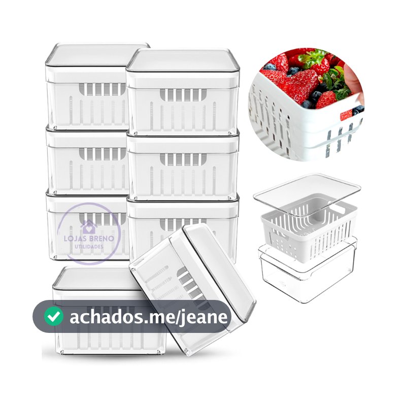 Kit 8 Potes Organizador Geladeira Acrílico com Tampa e Cesto Lavagem 1,36L Verduras Frutas Vegetais