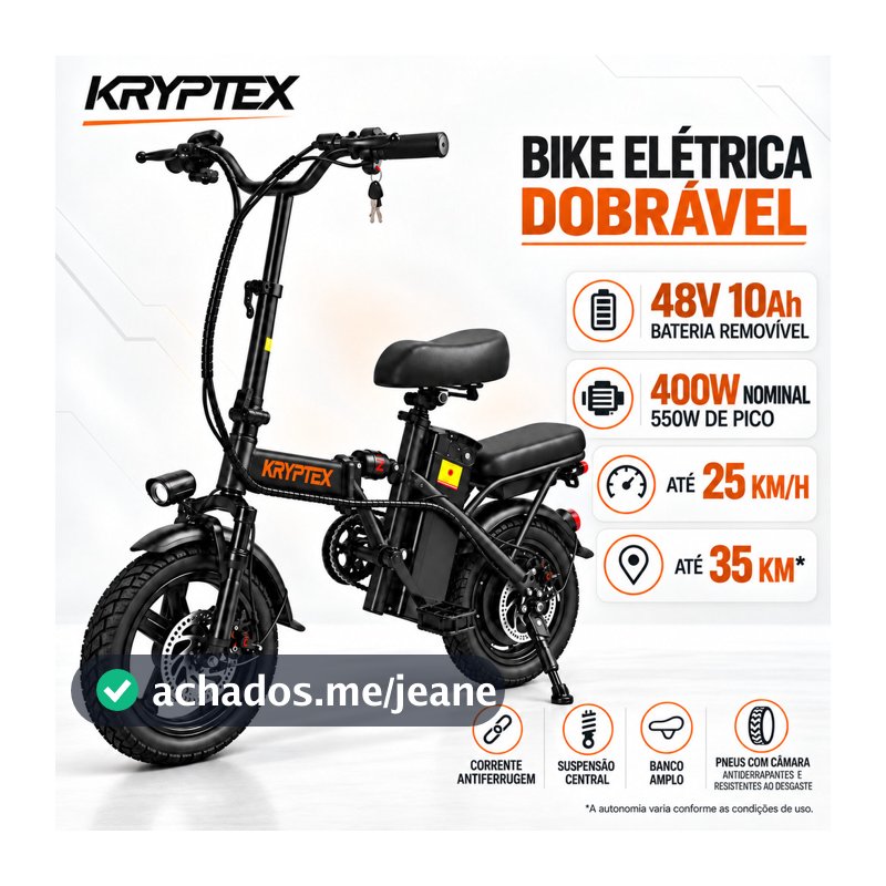 E-Bike Elétrica KRYPTEX 400W Dobrável com Bateria 48V 10Ah Removível Bicicleta Elétrica Adulto Suspensão Dupla 25km/h
