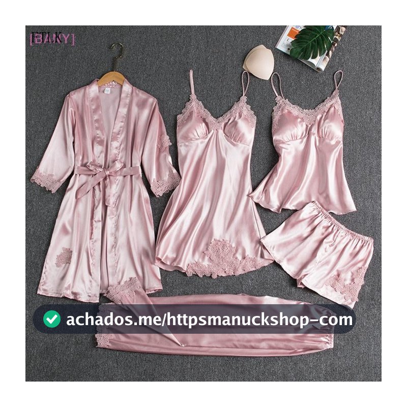[BANY] Conjunto de Pijamas de Seda para Mulheres com 5 Peças, Vestido de Pijama com Decote em V e Camisola Us