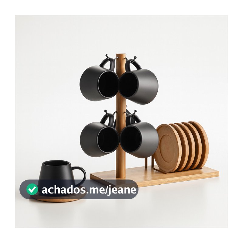 Jogo 6 Xicaras Café 90ml Porcelana Pires Suporte Bambu Oásis