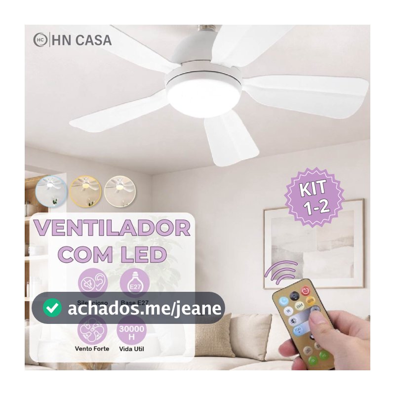 Ventilador de Teto Retrátil Lâmpada 3 Cores Silencioso 60W ou 100W Pás Design Sofisticado Bivolt