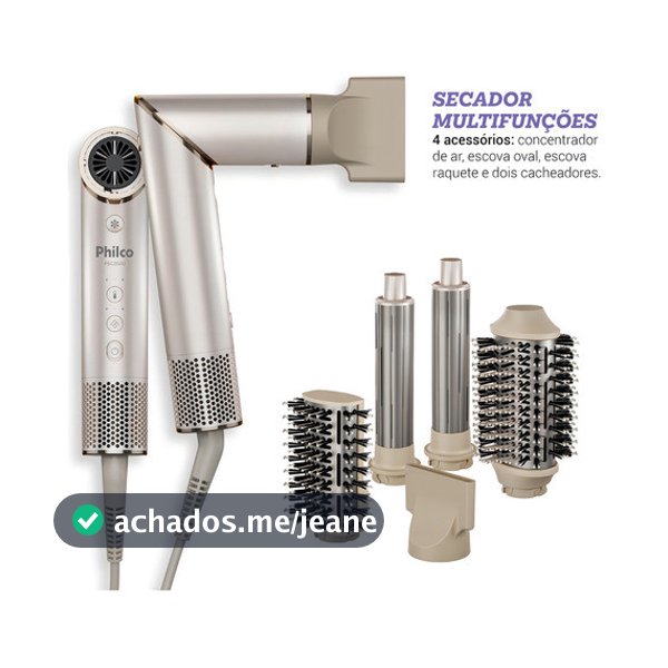 Secador de Cabelo Philco PSC3500 4 em 1 Dobrável Portátil com Escovas e Cacheadores para Viagem