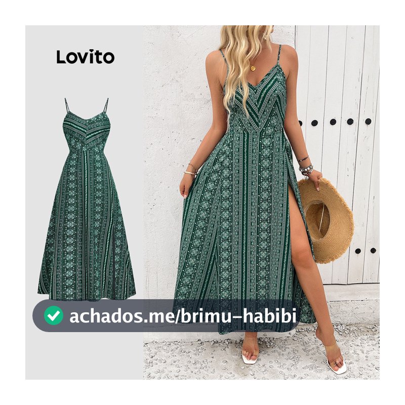 Lovito Boho Férias Vestido Frente Aberta Praia Solto Floral Primavera/verão Verde para Mulheres LBL31091