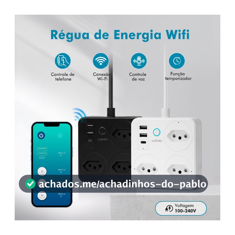 Tomada Inteligente Wi-Fi Compatível Tuya Alexa Google Assistente - Filtro de Linha USB-C Bivolt Padrão BR-F321