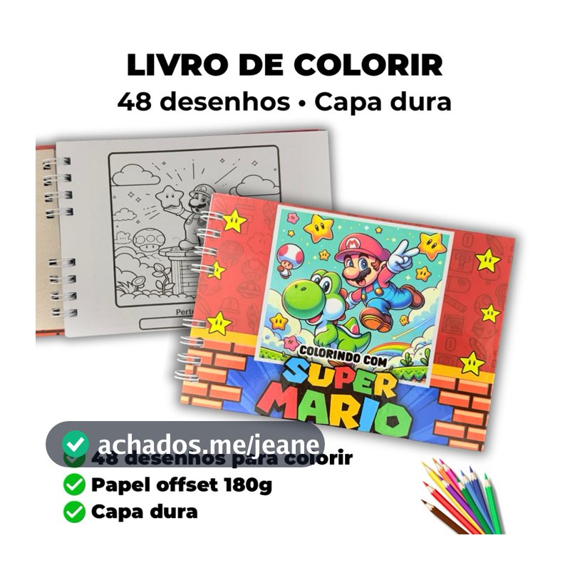 Livro de Colorir | Super Mario | Capa Dura | 48 desenhos | Folhas Grossas | Folha Protetora | Atacado e Varejo