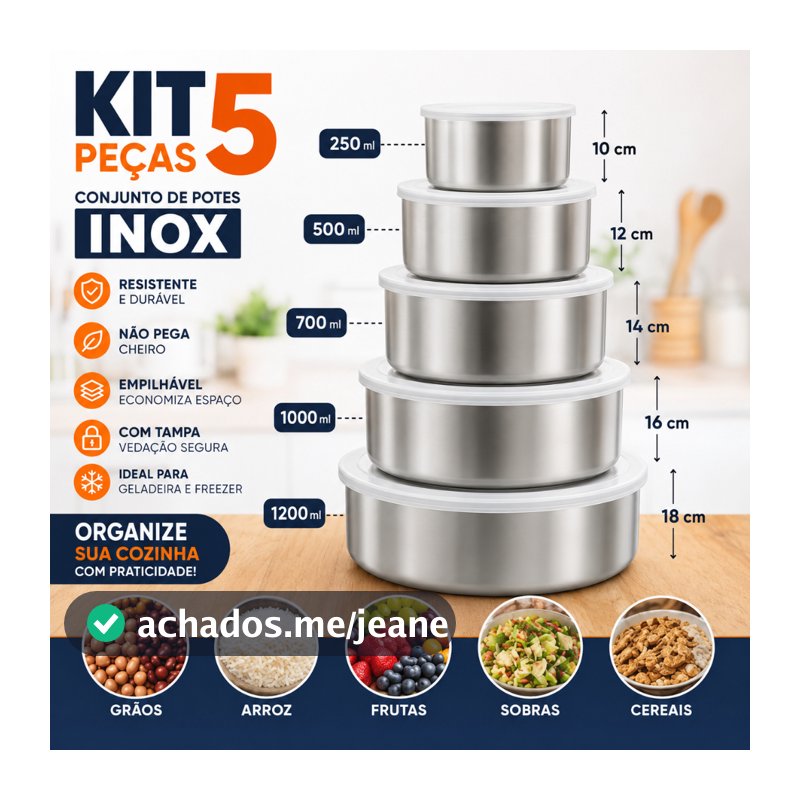 Kit 5 Potes Inox Com Tampa Redondo Porta Alimentos Cozinha Jogo Organizador Cozinha