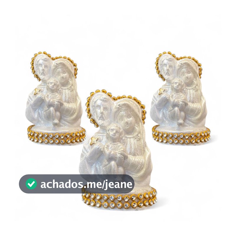 Kit Com 3 Imagem Sagrada Família 7cm Gesso Perolado com Strass Dourado Decoração Religiosa