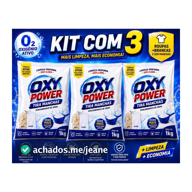 Percarbonato de Sódio Original Limpeza Remove Manchas Desinfeta e Clareia Roupas Brancas Oxy Power