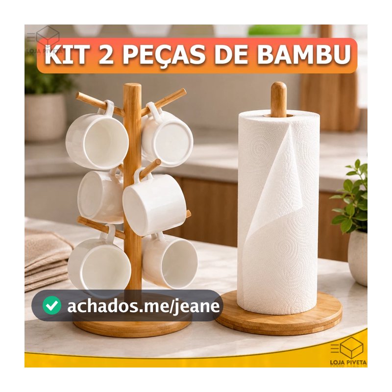 Kit Bambu Suporte Organizador de Xícaras Canecas Porta Papel Toalha Guardanapo Base Anti Derrapante