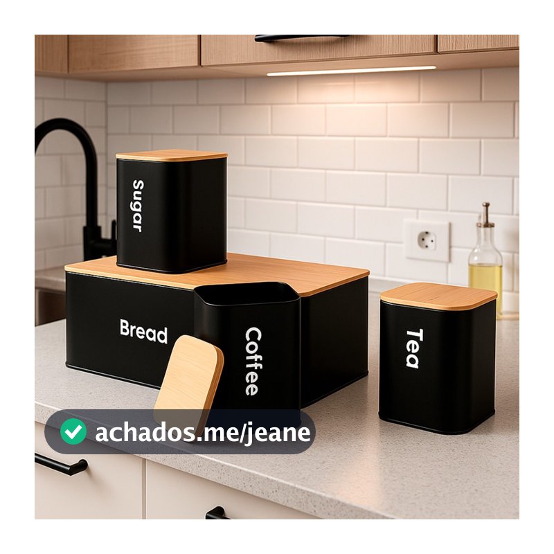 Kit 4 Potes de Metal com Tampa de Bambu – Organizador Hermético para Café, Açúcar, Chá e Pão
