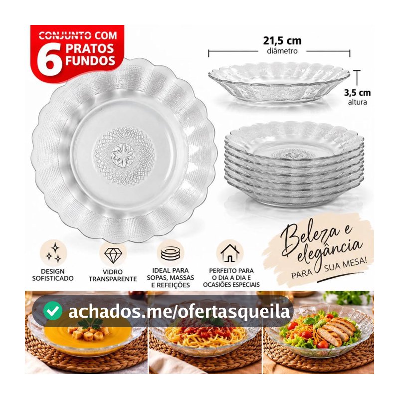 Kit 6 Pratos Fundos de Vidro Transparente 21,5cm Decorado com Relevo – Mesa Posta Elegante