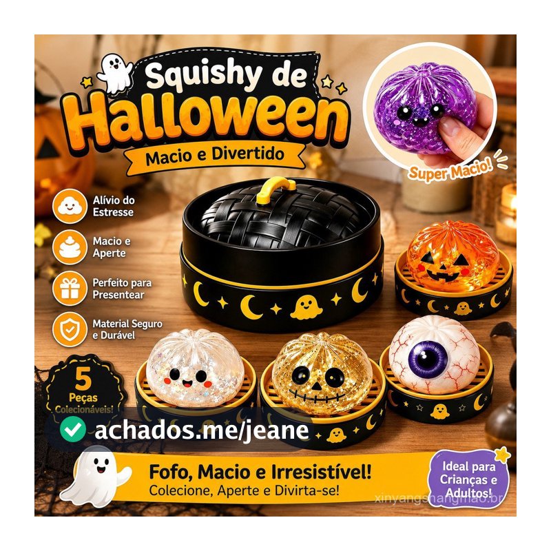 Squishy Halloween Caixa Surpresa Fantasma e Abóbora, Brinquedo Antiestresse Fidget, Presente Criativo