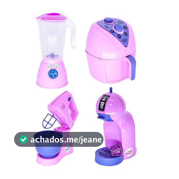 Kit Cozinha Infantil com 4 Brinquedos Eletrodomésticos Airfryer, Batedeira, Cafeteira Capsula e Liquidificador