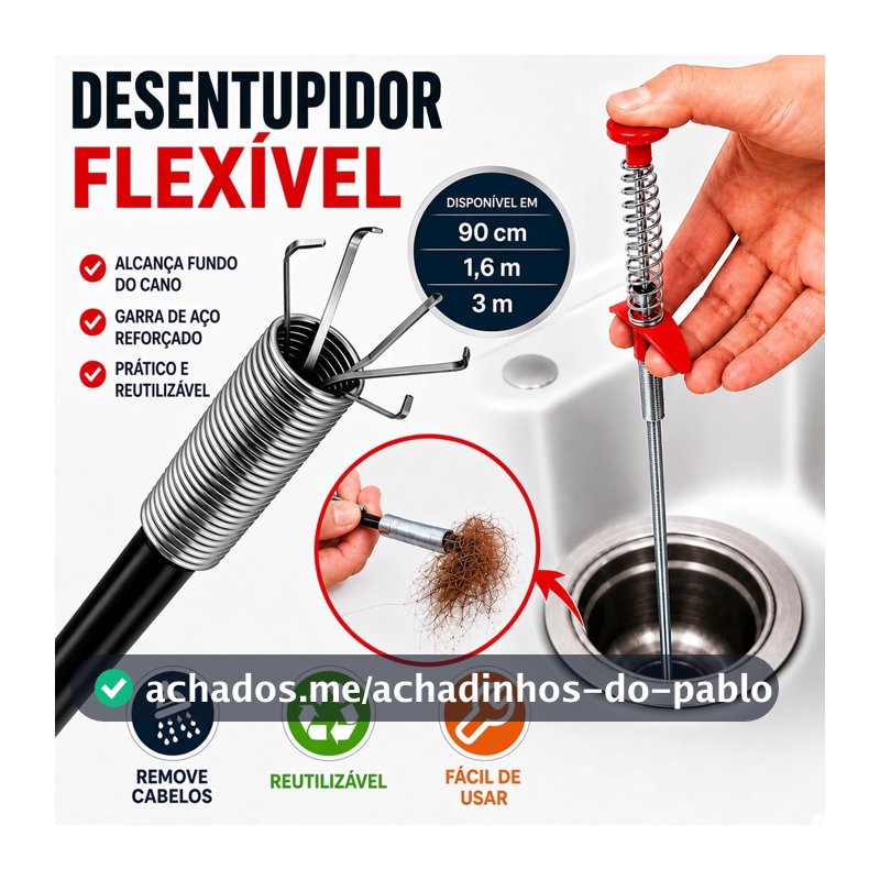 Desentupidor de Ralo Flexível 1,6m e 3m com Garra Remove Cabelo Pia Banheiro Cozinha Canos
