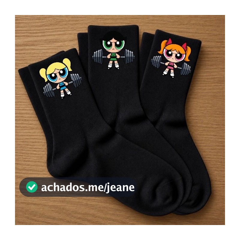 Kit 3 Pares Meias Pretas Femininas Super Poderosas Estampa Moderna Algodão Confortáveis Esportivas Academia Fashion