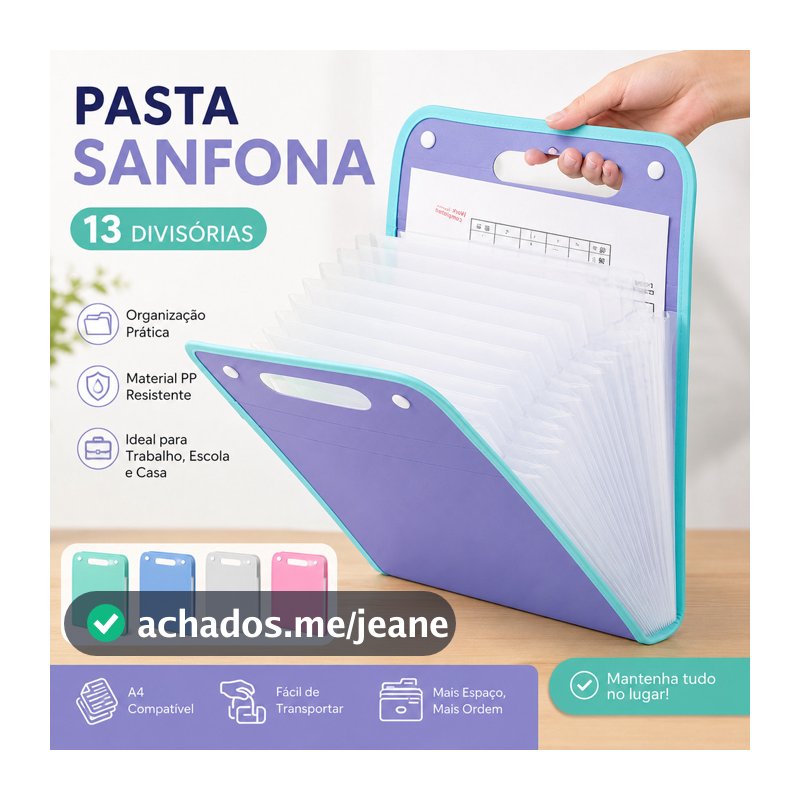 Pasta Sanfonada A4 13 Divisórias Organizador de Documentos com Fechamento por Botão e Elástico PP Escolar Escritório