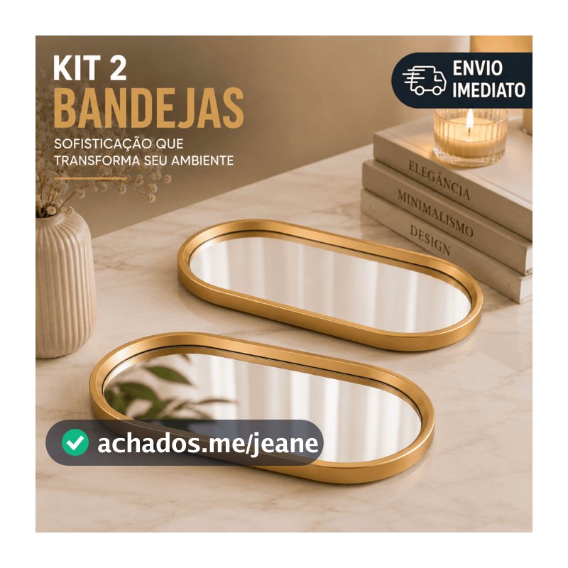 Kit 2 Bandejas Decorativas Douradas Espelhadas para Banheiro Lavabo Penteadeira Porta Joias Perfumes