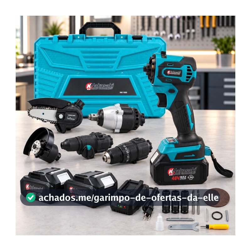 Kit Ferramentas 5 em 1 Nakasaki Baterias 48V Brushless Furadeira Martelete Motosserra Chave Impactoo