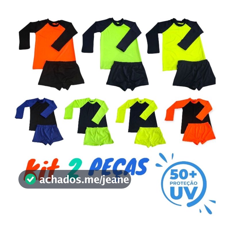Conjunto Infantil Juvenil Moda Praia Menino Camisa Manga Longa e Sunga com Proteção UV50+