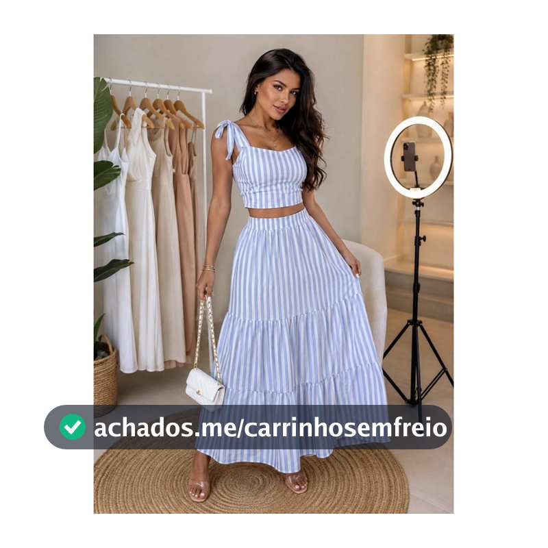 Conjunto Feminino Listrado Cropped com Amarração e Saia Longa Midi Máxi Verão