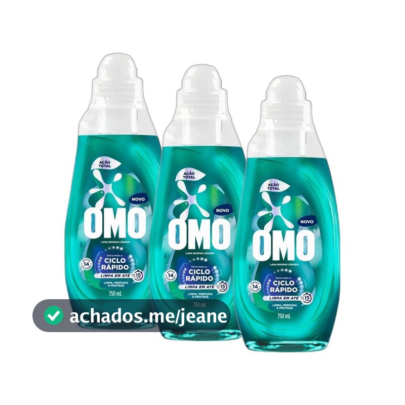 Kit 3 Lava-Roupas Líquido Omo Ciclo Rápido Ação Total Frasco 750ml cada