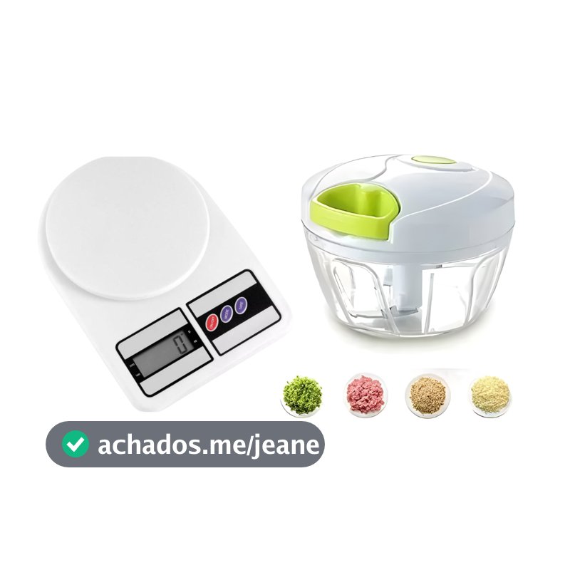 Kit Processador Triturador de Alho Alimentos Manual 3 Lâminas 500ml + Balança de Cozinha até 10kg