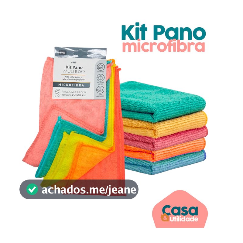 Kit 5 Panos Microfibra P/ Limpeza Multiuso Limpa Vidro Pia Pano Flanela Automotivo Flanela