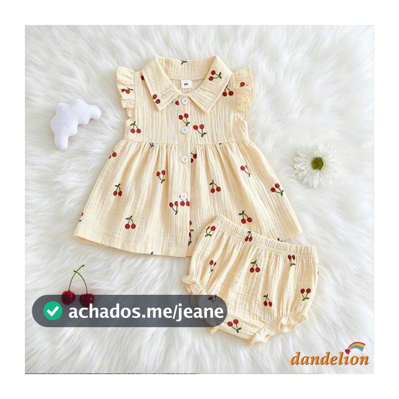 Conjunto De Blusas De Botão De Lapela Sem Mangas Com Estampa De Cereja Adorável Para Bebês Meninas Shorts Combinando