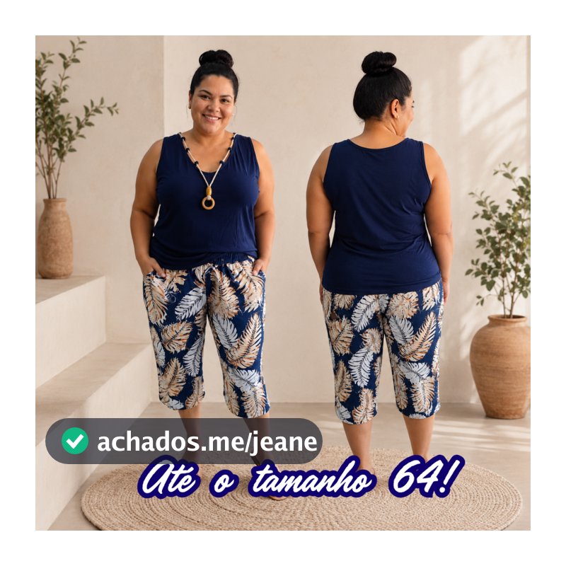 Conjunto Feminino Plus Size Regata Lisa com Colar e Calça Capri Estampada Plus Size Casual Verão MALHAS ITA