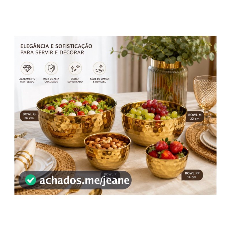 Kit Bowls Inox Dourado Martelado 4 Peças Decorativo e Servir