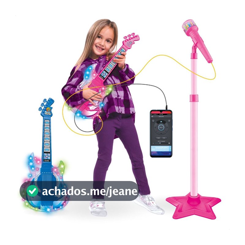 Guitarra e Microfone Infantil Instrumento Brinquedo Musical com Luz e Som