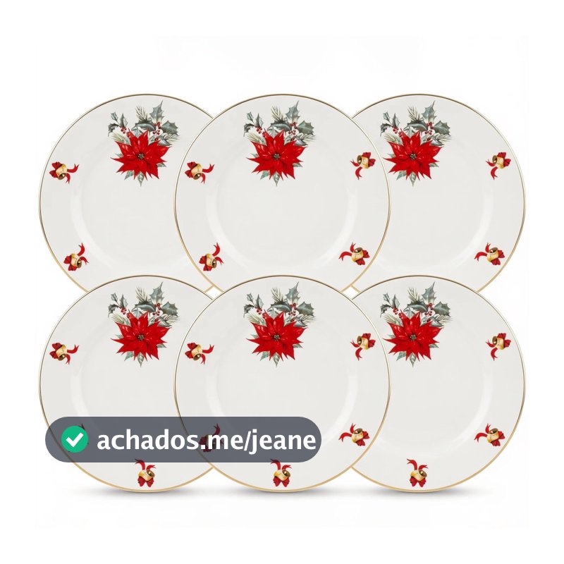 Conjunto 6 Pratos Raso Branco Rosa Vermelha Natal Filetado a Ouro Cerâmica