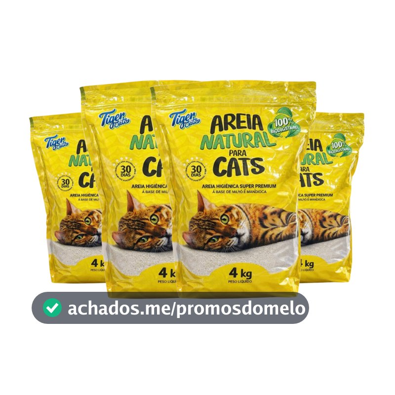 KIT COM 4 AREIA HIGIÊNICA NATURAL BIODEGRADÁVEL MILHO E MANDIOCA PARA GATOS TIGER CATS 4KG