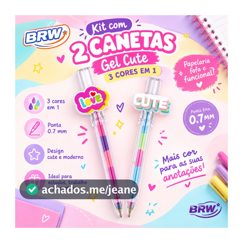 Kit 2 Canetas Gel Cute 3 Cores em 1 Ponta 0.7mm BRW Papelaria Fofa