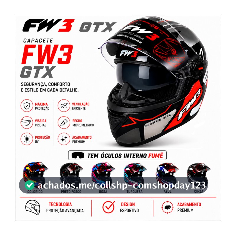 Capacete Fechado Fw3 Gtx Fox Óculos + Narigueira Cores Masculino Feminino